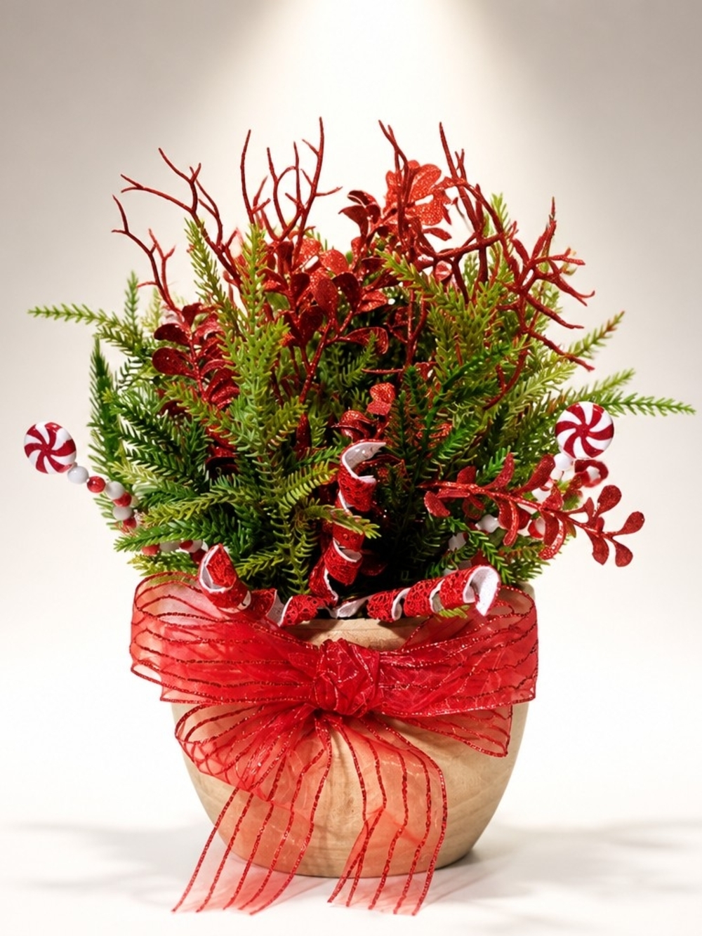 Festive Red and Green Holiday Centerpiece with Ribbon Bow